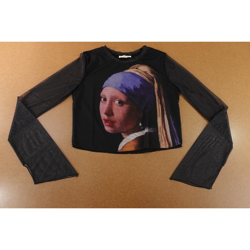 The Vintage Shop Womens Medium Black Long Sleeve Graphic Sheer Crop Top NWOT